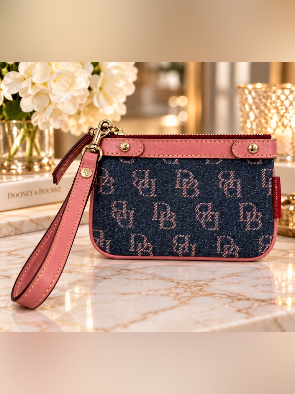 Dooney & Bourke Denim Logo Wristlet with Pink Trim